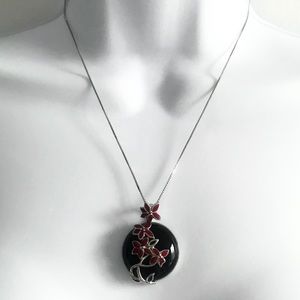 NWOT Sterling Silver Onyx & Black Enamel Flower Pendant & Chain Necklace
